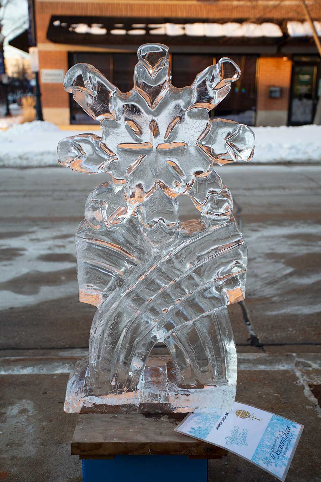 drive-swim-fly-downers-grove-chicago-illinois-ice-sculpture-downtown-businesses-snow-flake