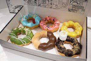 drive-swim-fly-chicago-illinois-2d-restaurant-cartoon-black-and-white-cafe-mochi-donuts-strawberry-coconut-chocolate