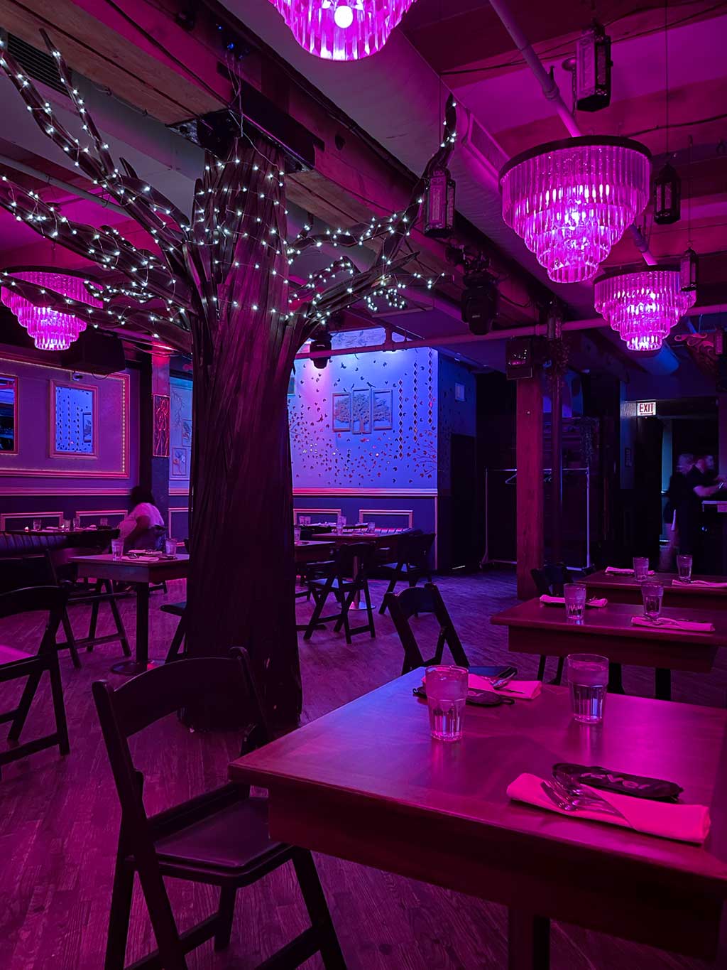 drive-swim-fly-chicago-dining-in-the-dark-fever-hubbard-inn-river-north-dining-room-pink-light-chandeliers