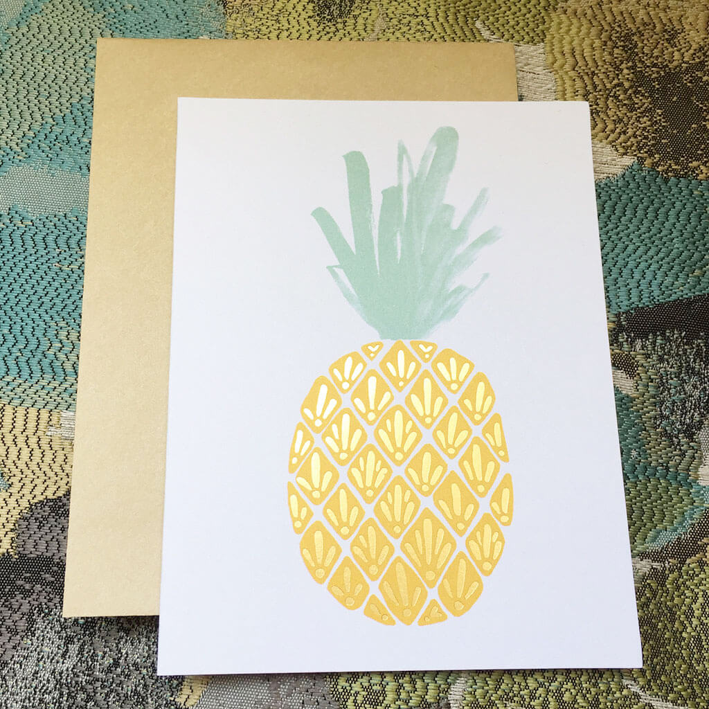 drive-swim-fly-pineapple-greeting-card-hallmark-metallic-gold-foil-brown-envelope